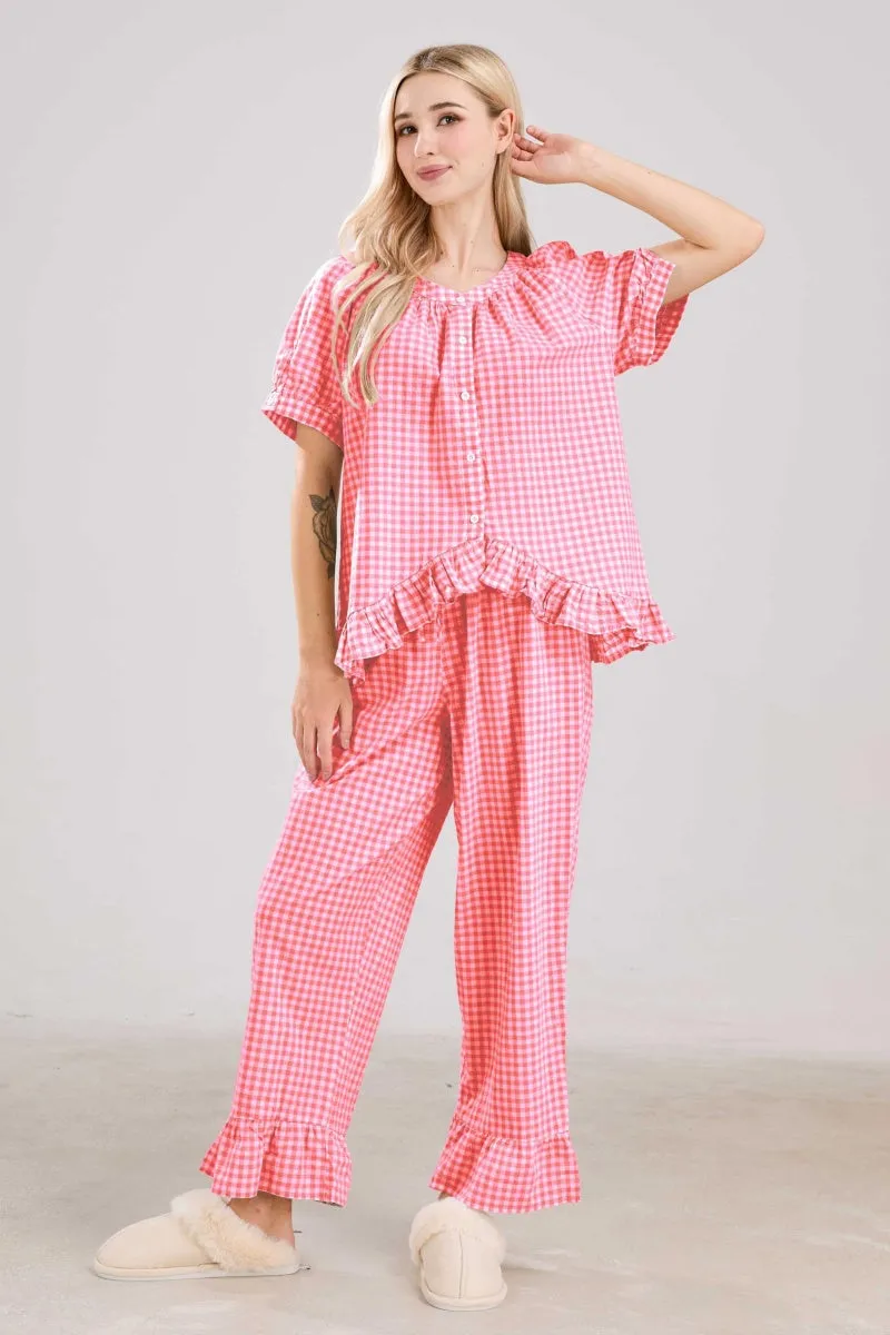 Chouyatou Womens Gingham Pajama Set 2 Piece Short Sleeve Babydoll Shirt and Pants Lounge Set Cute Sleepwear