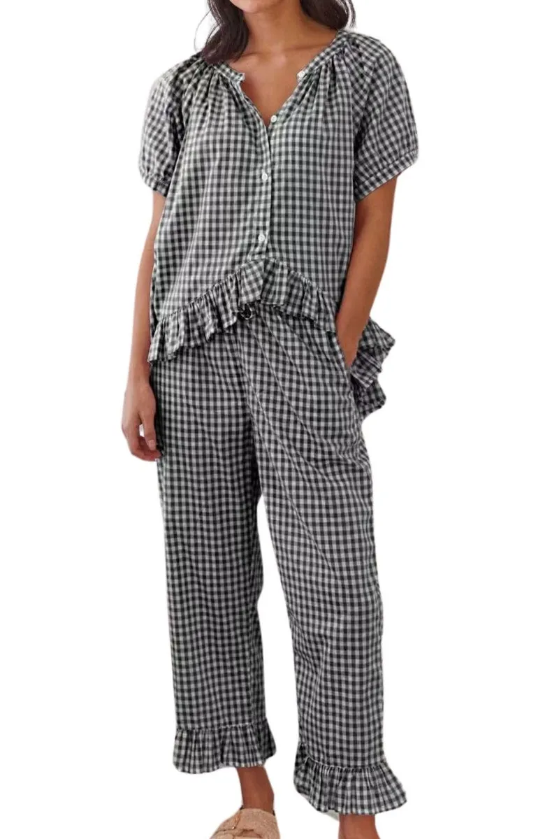 Chouyatou Womens Gingham Pajama Set 2 Piece Short Sleeve Babydoll Shirt and Pants Lounge Set Cute Sleepwear