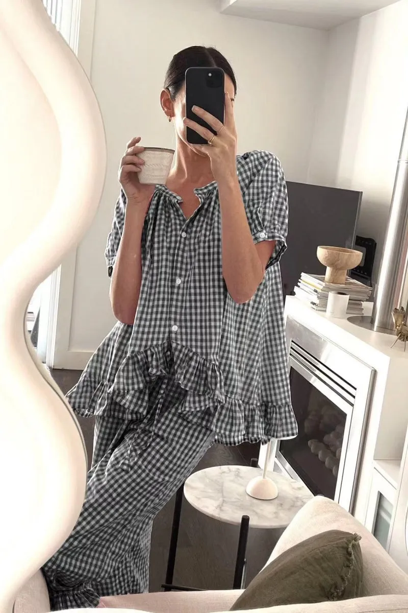 Chouyatou Womens Gingham Pajama Set 2 Piece Short Sleeve Babydoll Shirt and Pants Lounge Set Cute Sleepwear