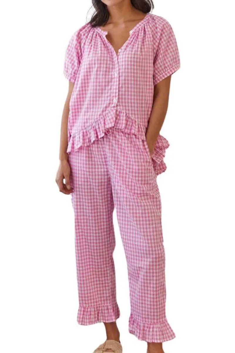 Chouyatou Womens Gingham Pajama Set 2 Piece Short Sleeve Babydoll Shirt and Pants Lounge Set Cute Sleepwear