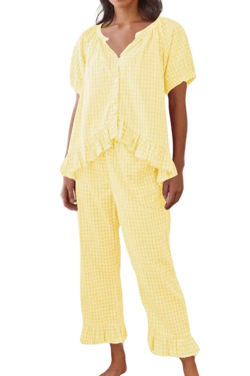 Chouyatou Womens Gingham Pajama Set 2 Piece Short Sleeve Babydoll Shirt and Pants Lounge Set Cute Sleepwear