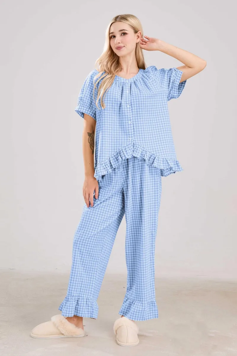 Chouyatou Womens Gingham Pajama Set 2 Piece Short Sleeve Babydoll Shirt and Pants Lounge Set Cute Sleepwear