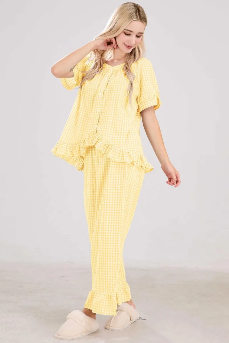 Chouyatou Womens Gingham Pajama Set 2 Piece Short Sleeve Babydoll Shirt and Pants Lounge Set Cute Sleepwear