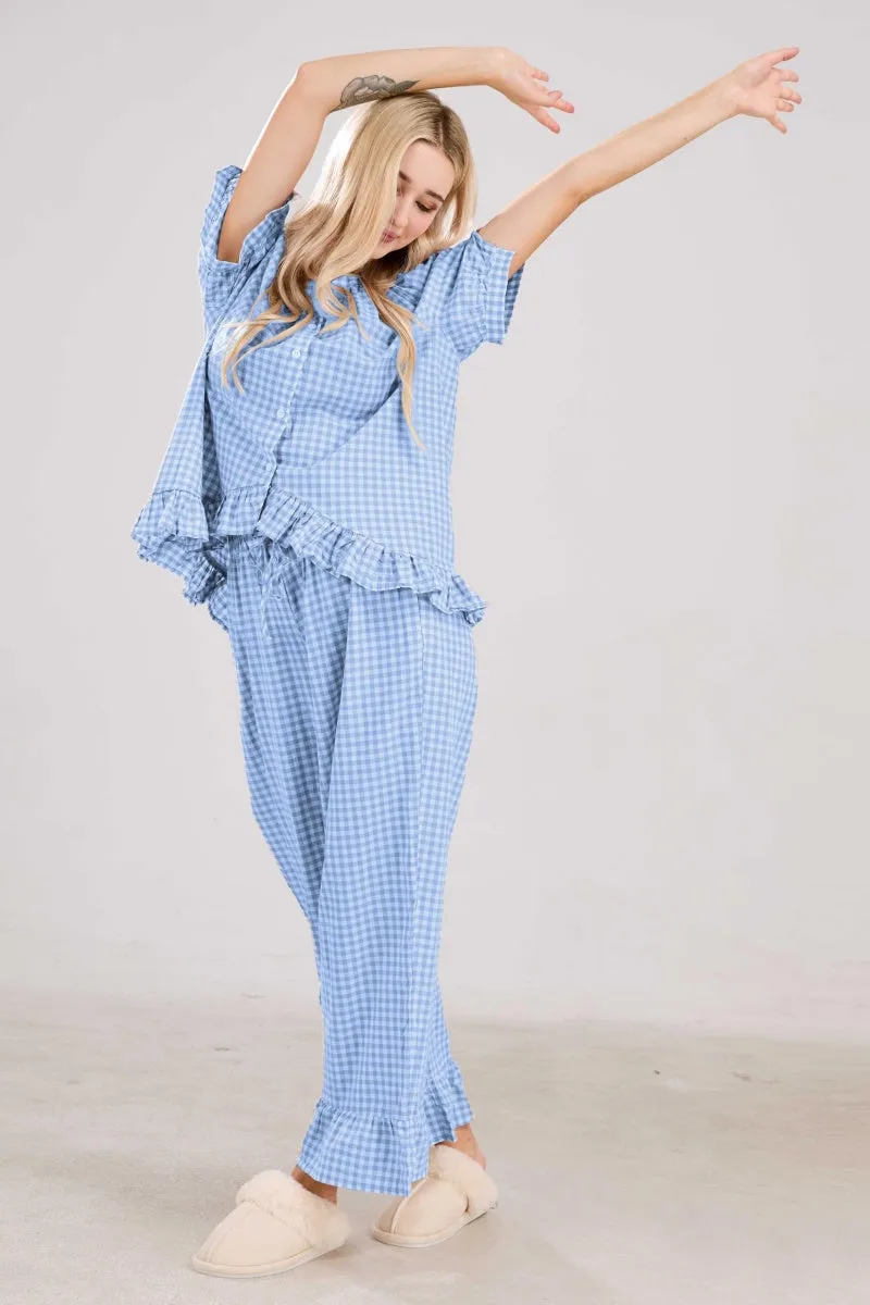 Chouyatou Womens Gingham Pajama Set 2 Piece Short Sleeve Babydoll Shirt and Pants Lounge Set Cute Sleepwear