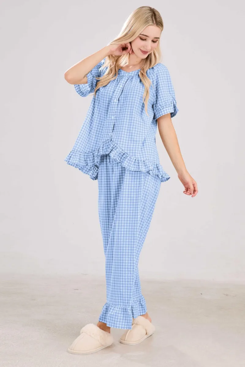 Chouyatou Womens Gingham Pajama Set 2 Piece Short Sleeve Babydoll Shirt and Pants Lounge Set Cute Sleepwear