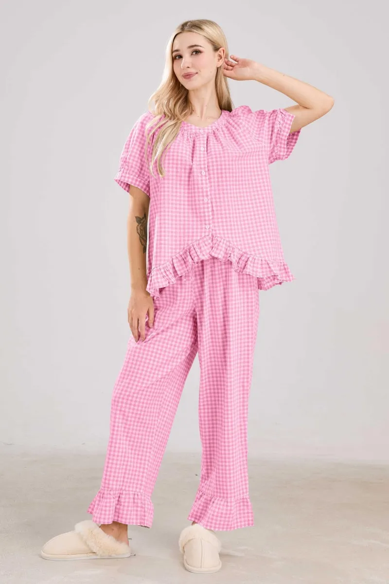 Chouyatou Womens Gingham Pajama Set 2 Piece Short Sleeve Babydoll Shirt and Pants Lounge Set Cute Sleepwear