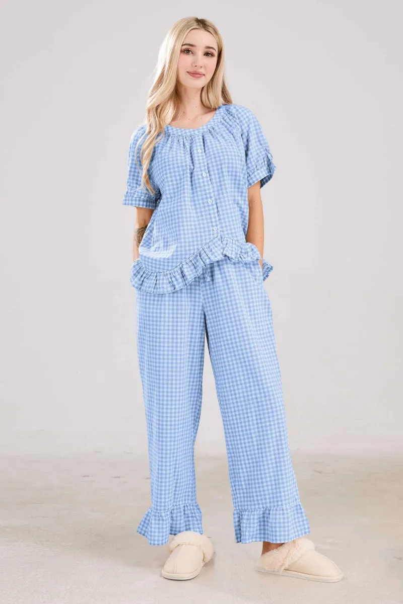 Chouyatou Womens Gingham Pajama Set 2 Piece Short Sleeve Babydoll Shirt and Pants Lounge Set Cute Sleepwear