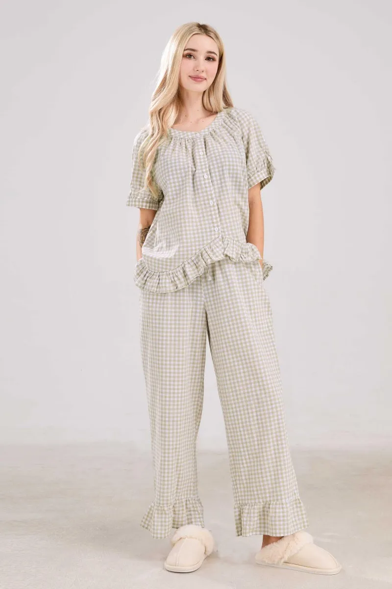 Chouyatou Womens Gingham Pajama Set 2 Piece Short Sleeve Babydoll Shirt and Pants Lounge Set Cute Sleepwear