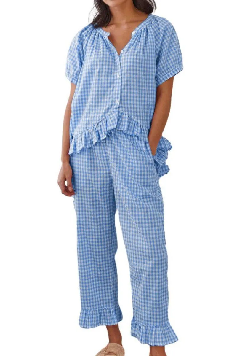 Chouyatou Womens Gingham Pajama Set 2 Piece Short Sleeve Babydoll Shirt and Pants Lounge Set Cute Sleepwear