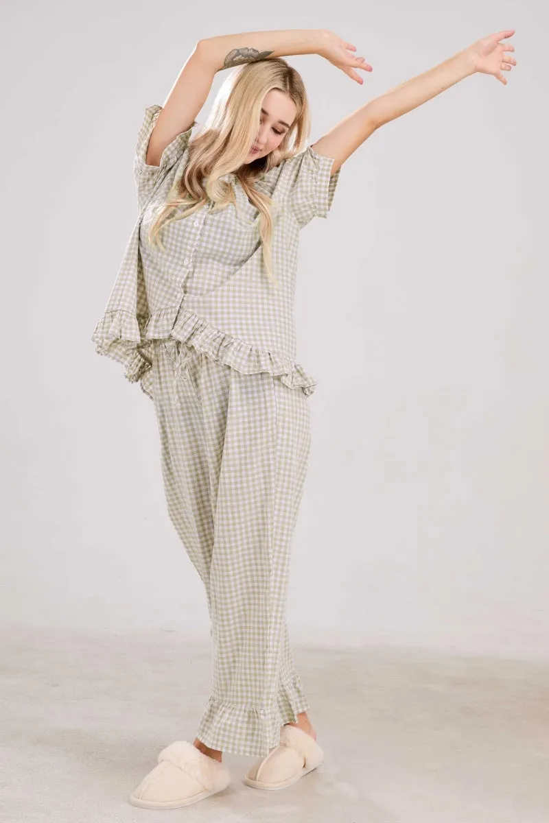 Chouyatou Womens Gingham Pajama Set 2 Piece Short Sleeve Babydoll Shirt and Pants Lounge Set Cute Sleepwear