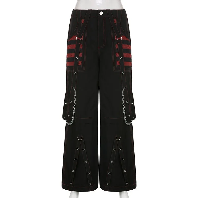 CityHottie - Fashion Trends Gothic Chain Bandage Wide leg Pants Women Oversize Low Rise Dark Academic Trousers Streetwear 90s Baggy Pant Punk Style