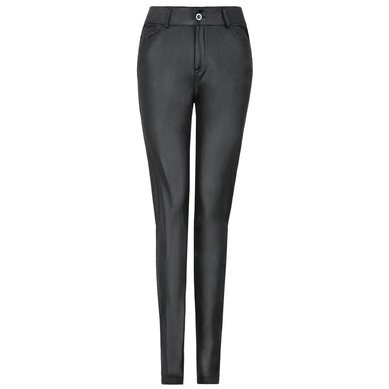 CityHottie - PU Leather Pants Women High Waist Button Zipper Slim Push Up Woman Pencil Pants Casual Pockets Blue Skinny Women Pants Plus Size