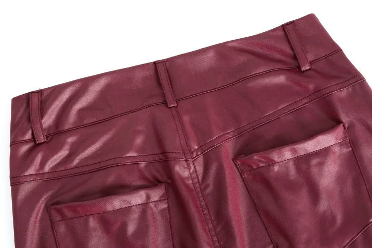 CityHottie - PU Leather Pants Women High Waist Button Zipper Slim Push Up Woman Pencil Pants Casual Pockets Blue Skinny Women Pants Plus Size