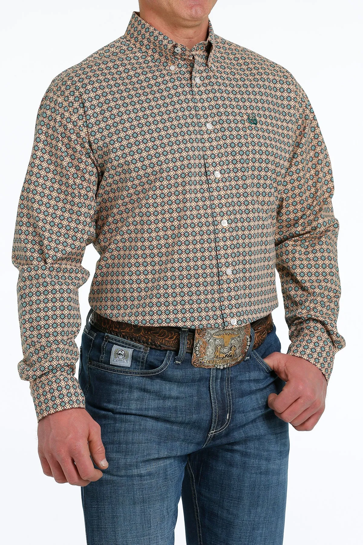 CLMTW1105555 Cinch Shirt L/S Geo Print Coral/Green