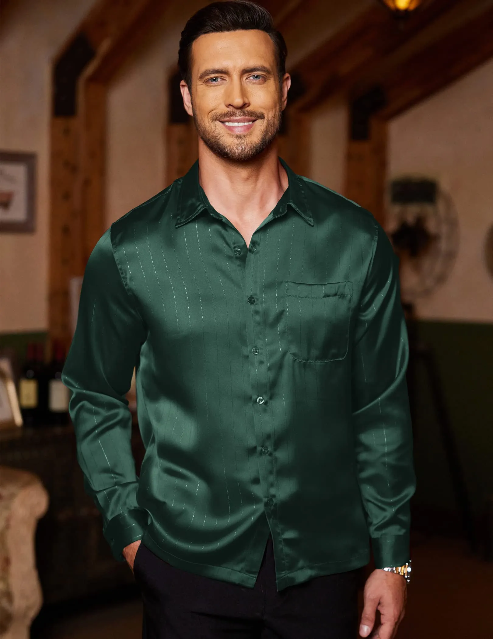 COOFANDY Mens Shiny Dress Shirts Long Sleeve Satin Button Up Shirt Luxury Button Down Shirts (Army Green, Medium)