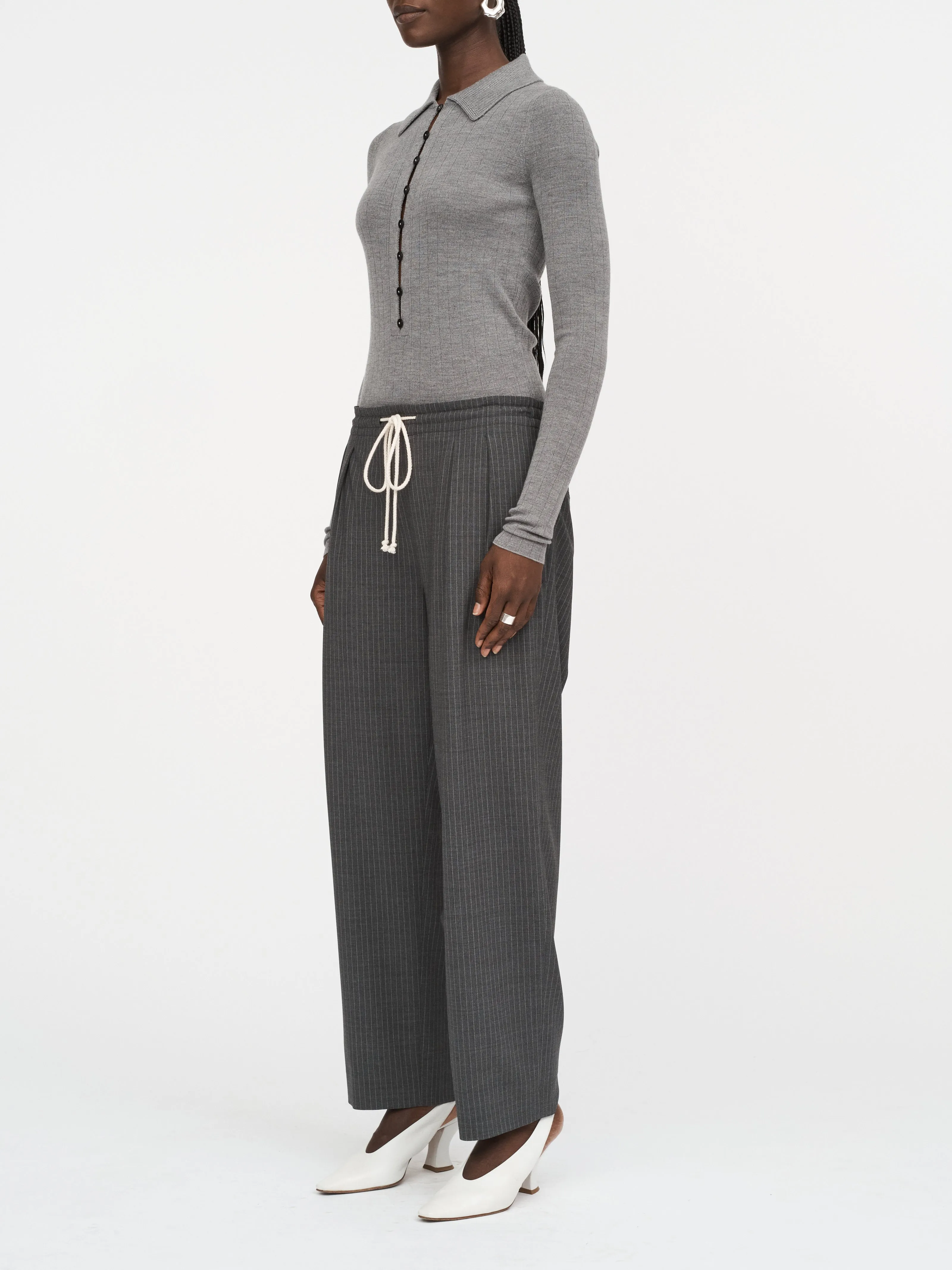 Cosy Drawstring Pant in Charcoal Pinstripe