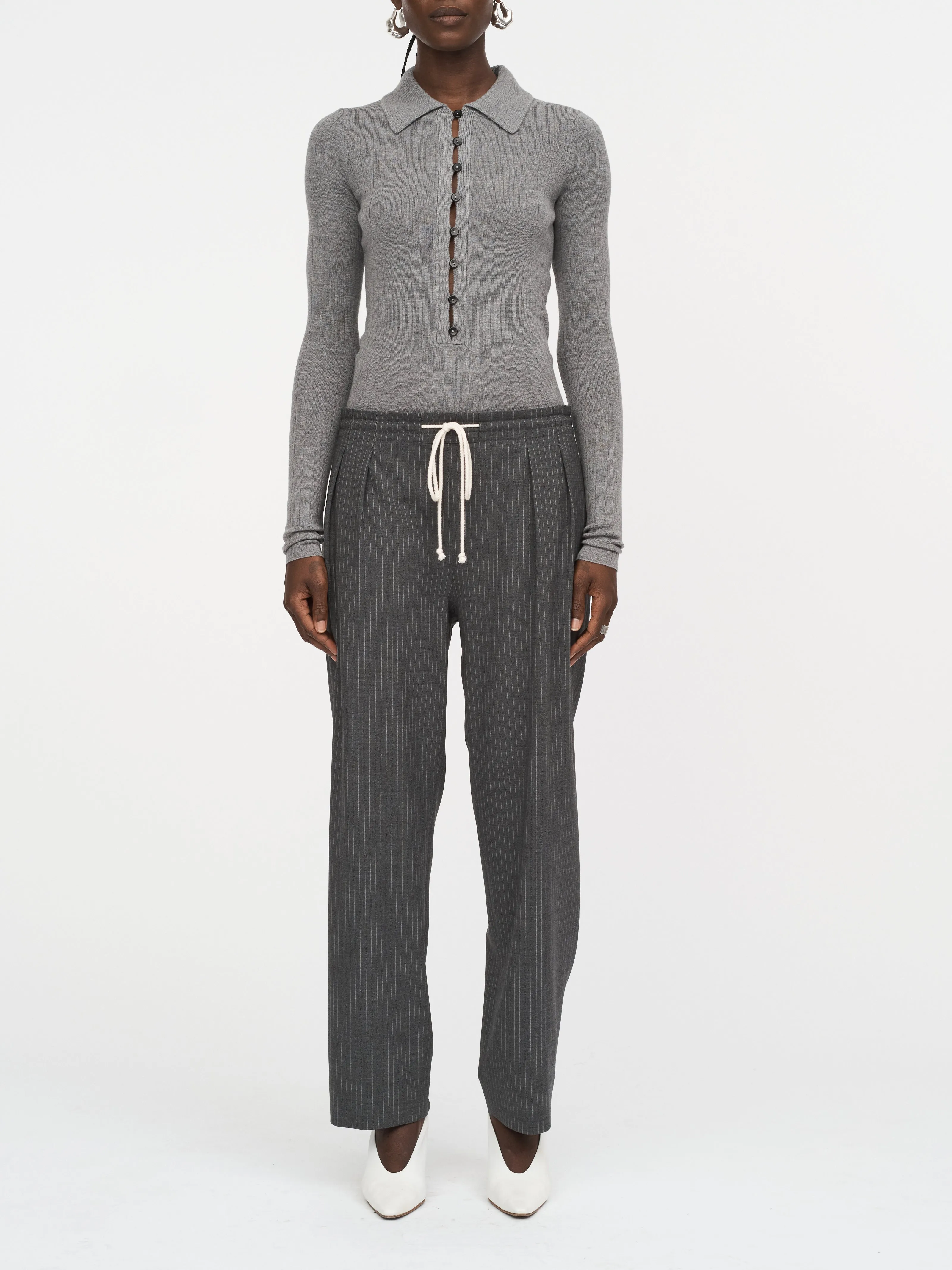 Cosy Drawstring Pant in Charcoal Pinstripe