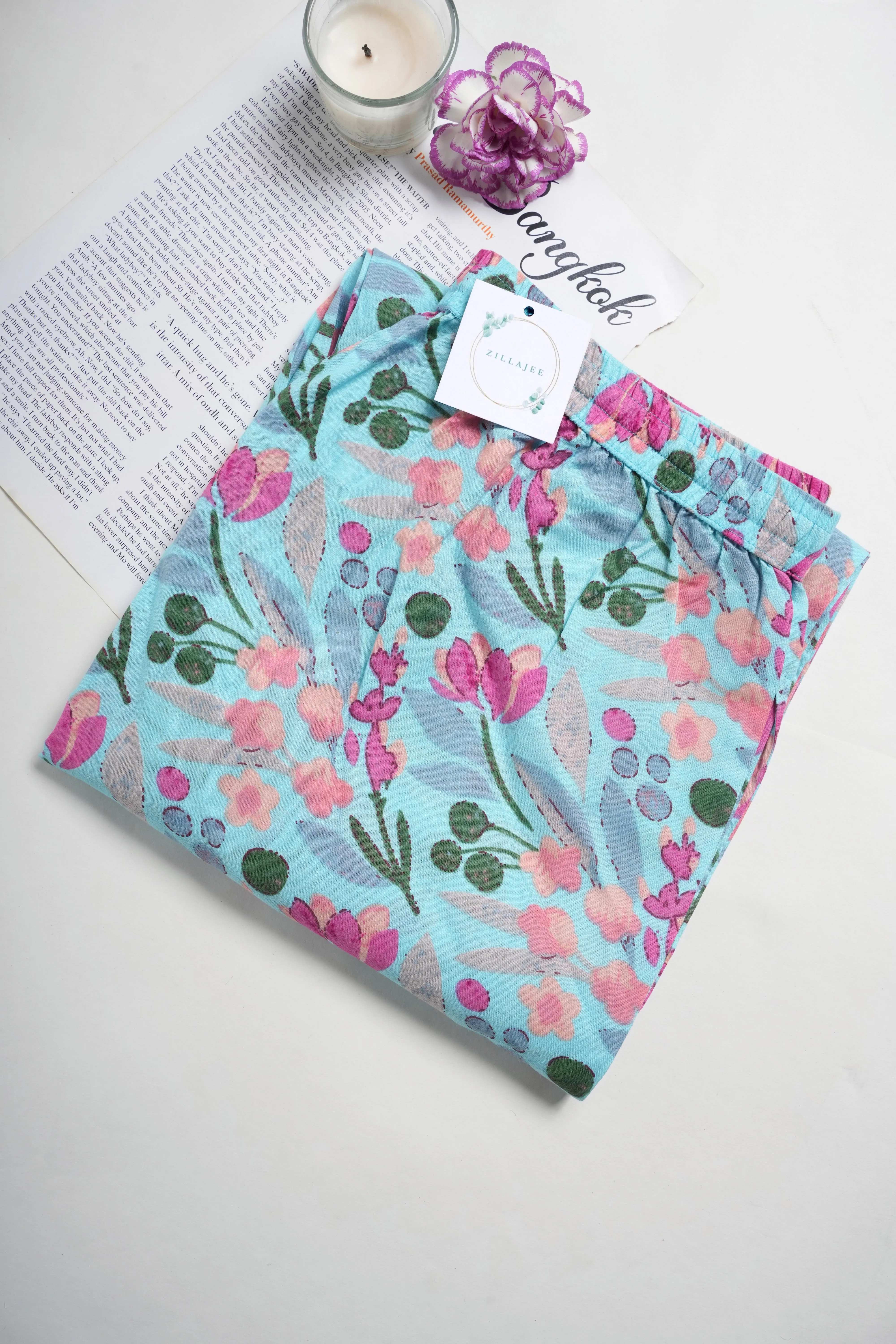 Cotton Pajama Pants Women - Floral Azure