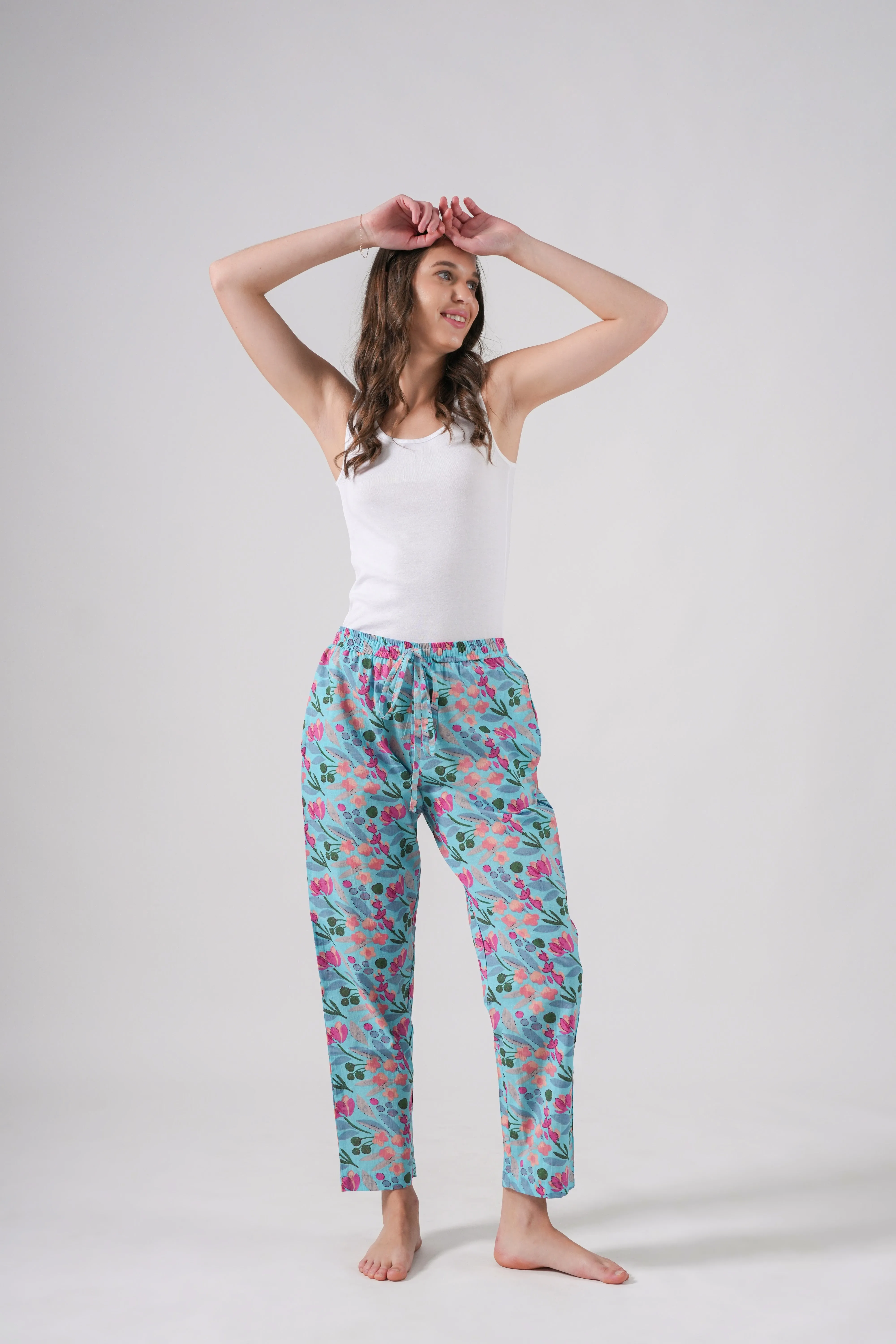 Cotton Pajama Pants Women - Floral Azure