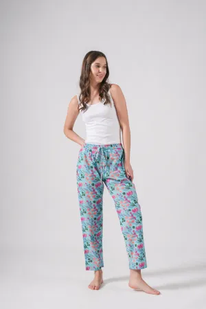 Cotton Pajama Pants Women - Floral Azure