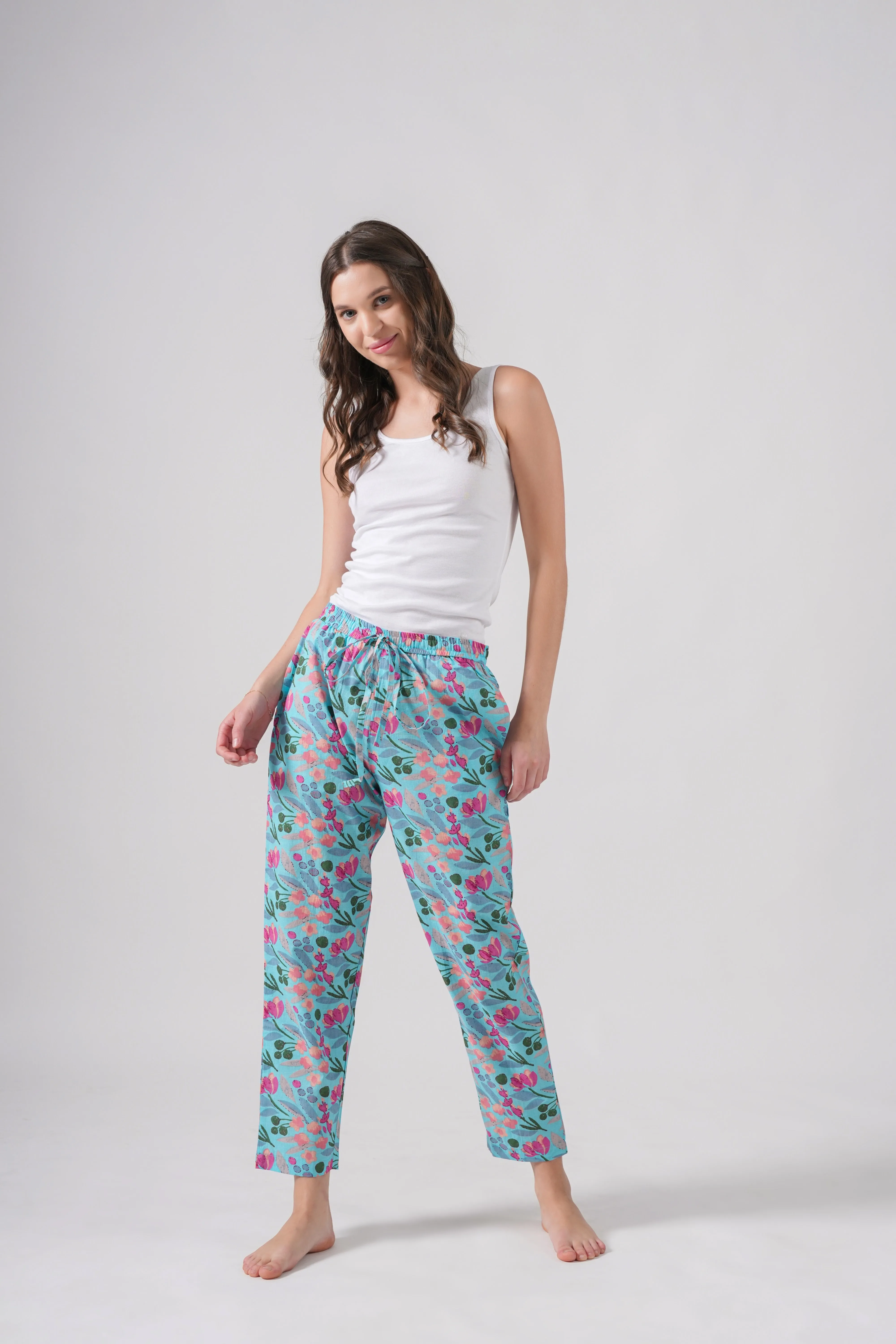 Cotton Pajama Pants Women - Floral Azure
