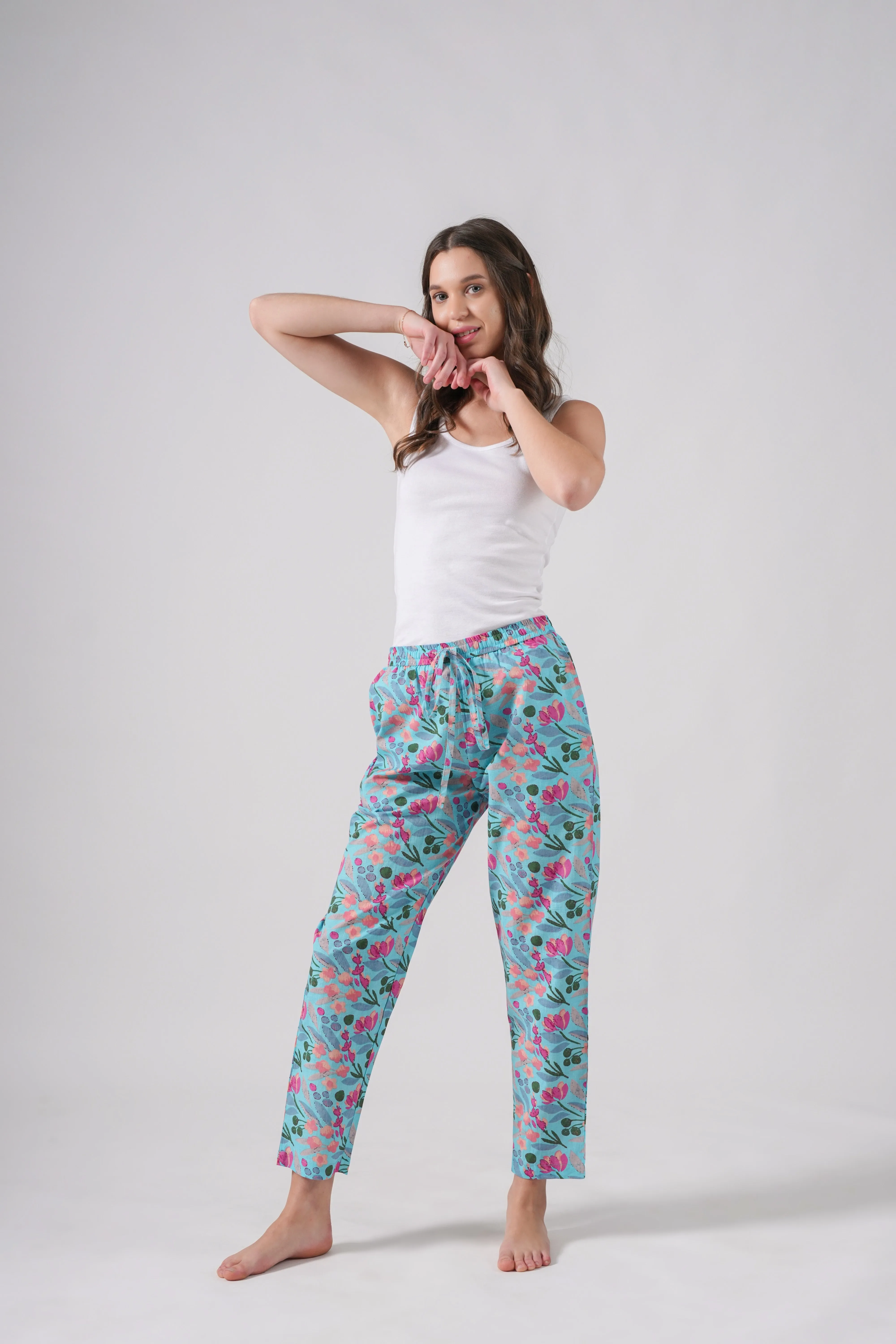 Cotton Pajama Pants Women - Floral Azure