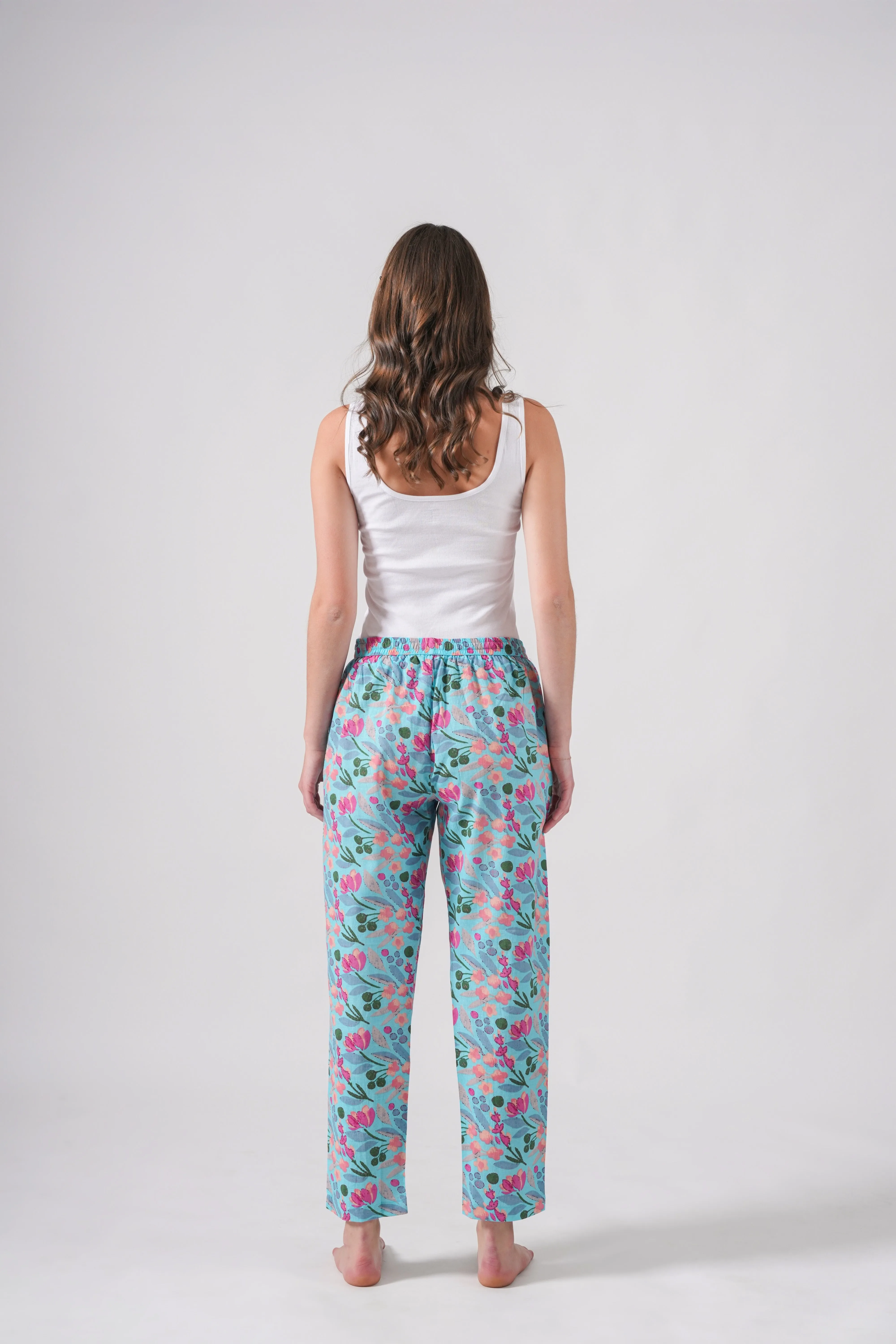 Cotton Pajama Pants Women - Floral Azure