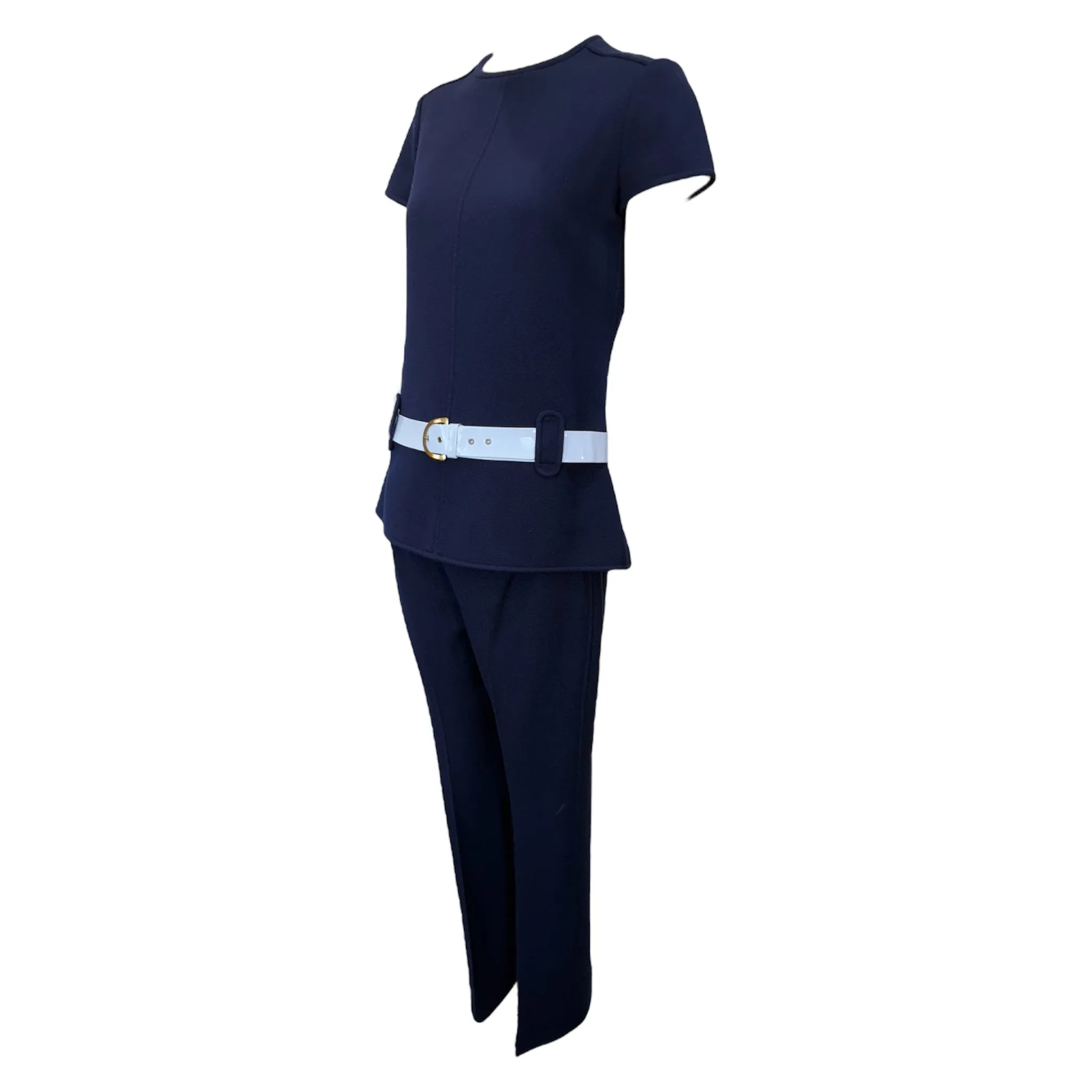 Courrèges 1960's Mod Navy Blue Wool Pantsuit with Patent White Belt