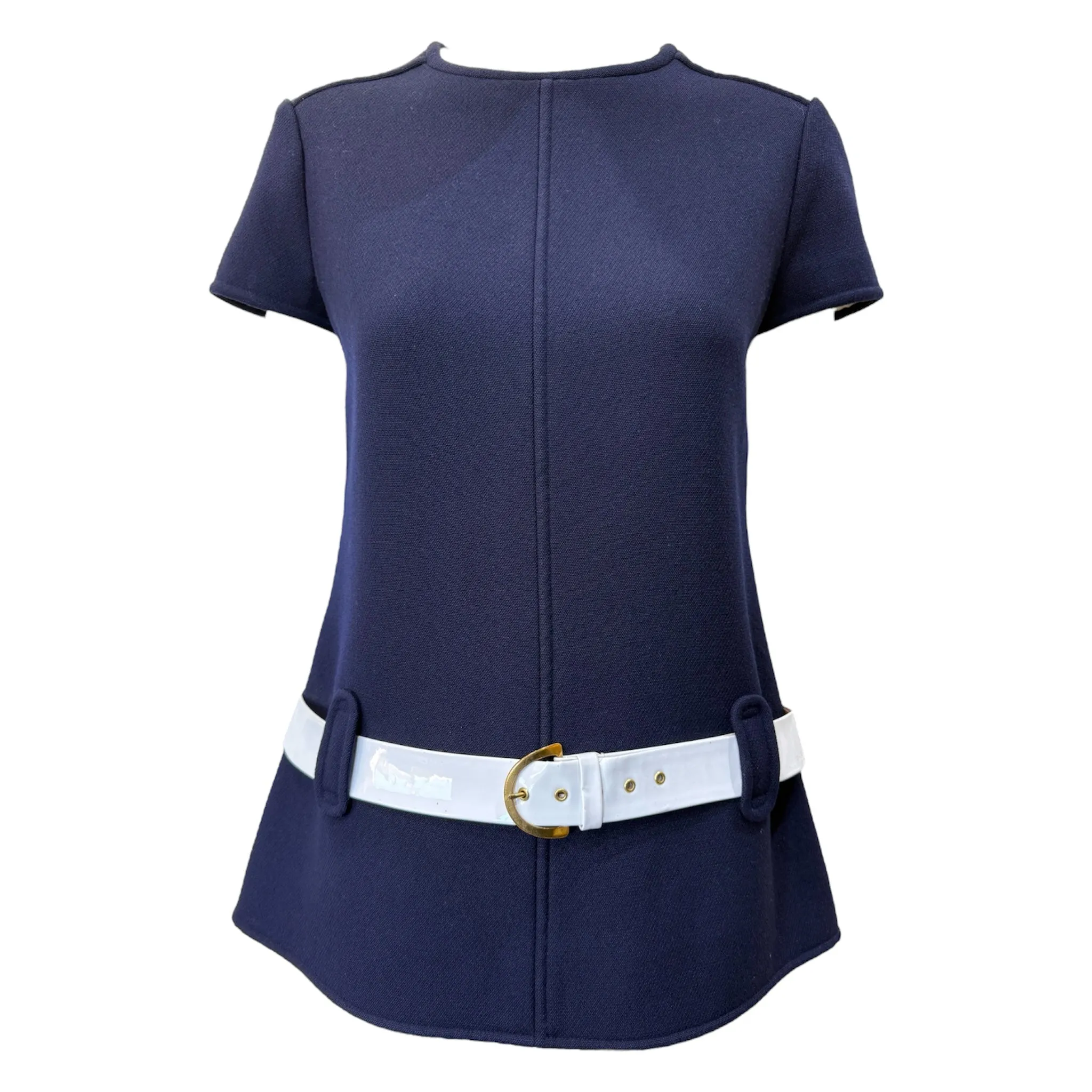 Courrèges 1960's Mod Navy Blue Wool Pantsuit with Patent White Belt