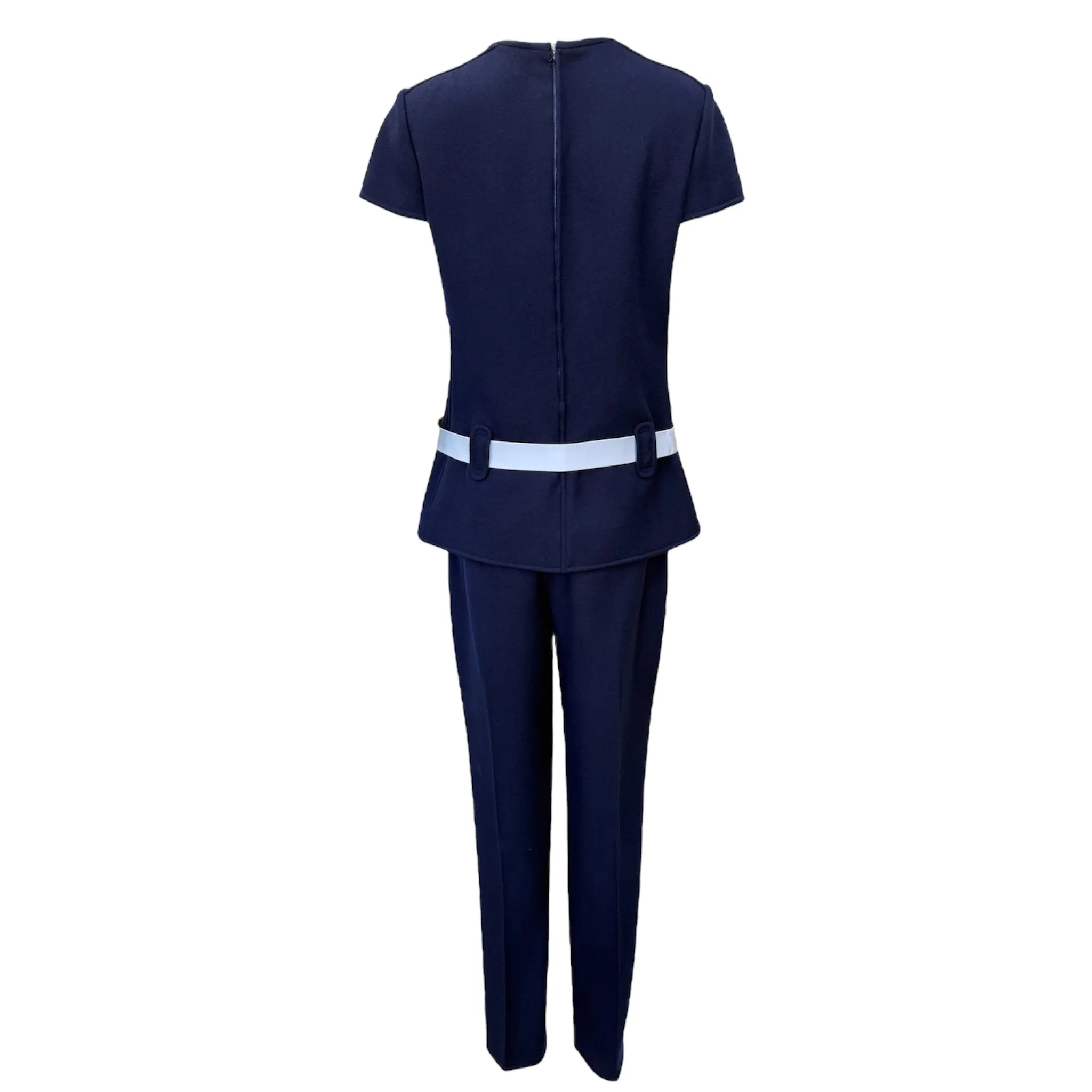 Courrèges 1960's Mod Navy Blue Wool Pantsuit with Patent White Belt