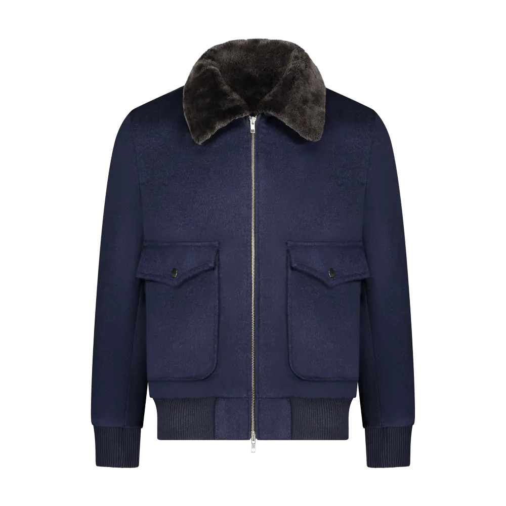 Custom Blouson Jacket W/Detachable Shearling Collar - Navy/Brown