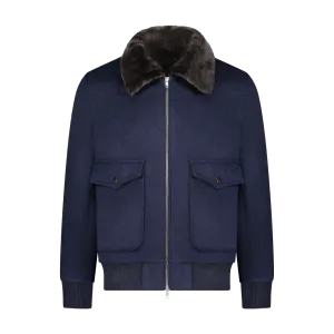Custom Blouson Jacket W/Detachable Shearling Collar - Navy/Brown