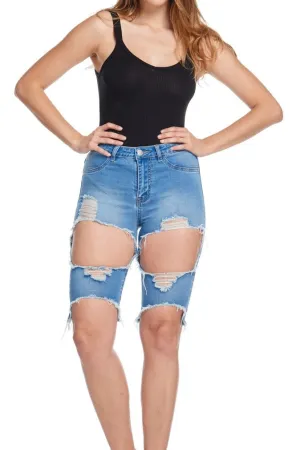 DESTROYED DENIM BERMUDAS