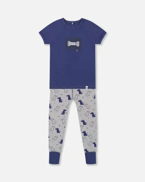 Deux Par Deux | Organic Cotton Two Piece Pajama Set Grey Mix Printed Dogs