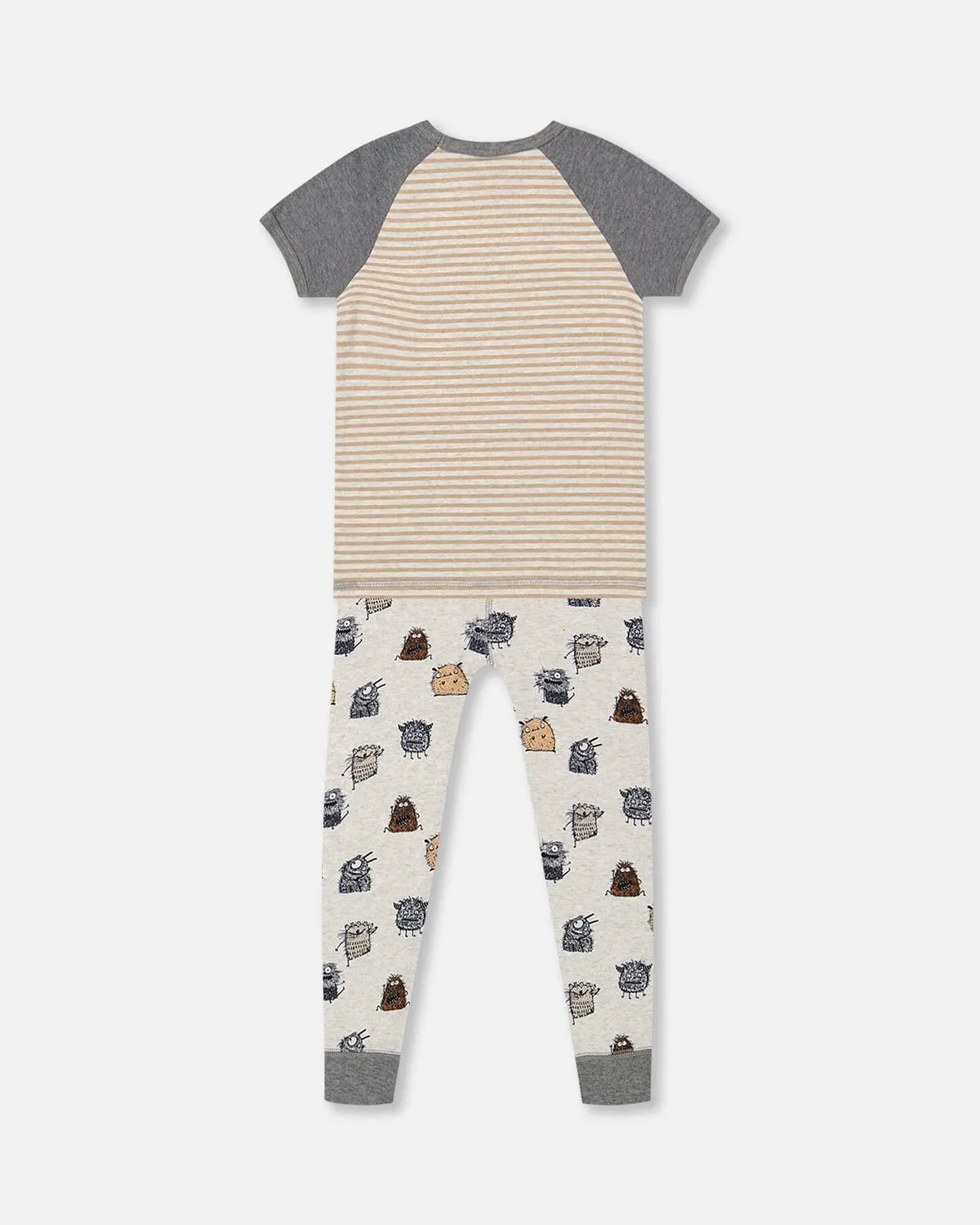 Deux Par Deux | Organic Cotton Two Piece Pajama Set Heather Beige Printed Monsters