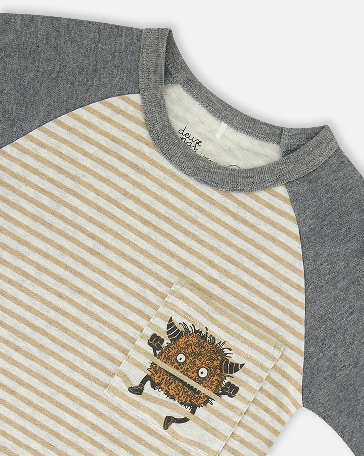 Deux Par Deux | Organic Cotton Two Piece Pajama Set Heather Beige Printed Monsters