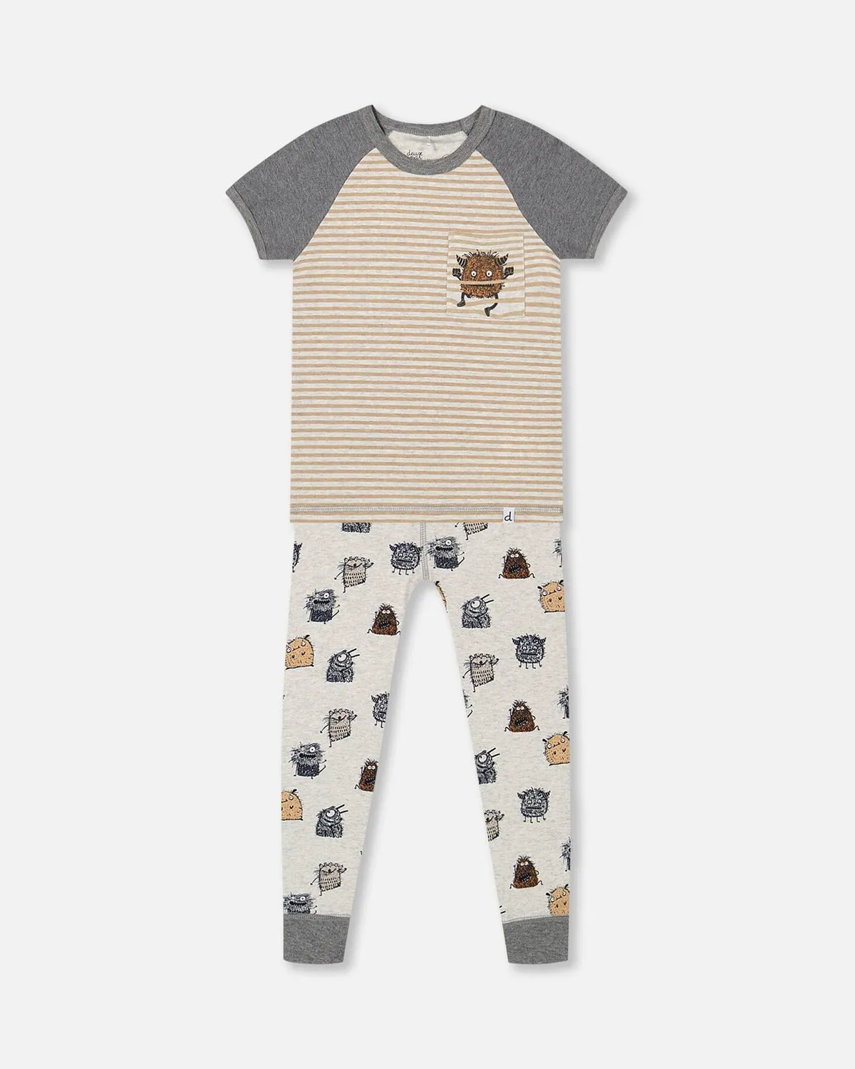 Deux Par Deux | Organic Cotton Two Piece Pajama Set Heather Beige Printed Monsters
