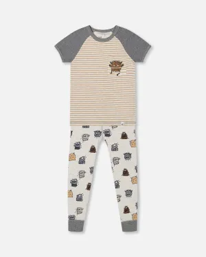 Deux Par Deux | Organic Cotton Two Piece Pajama Set Heather Beige Printed Monsters