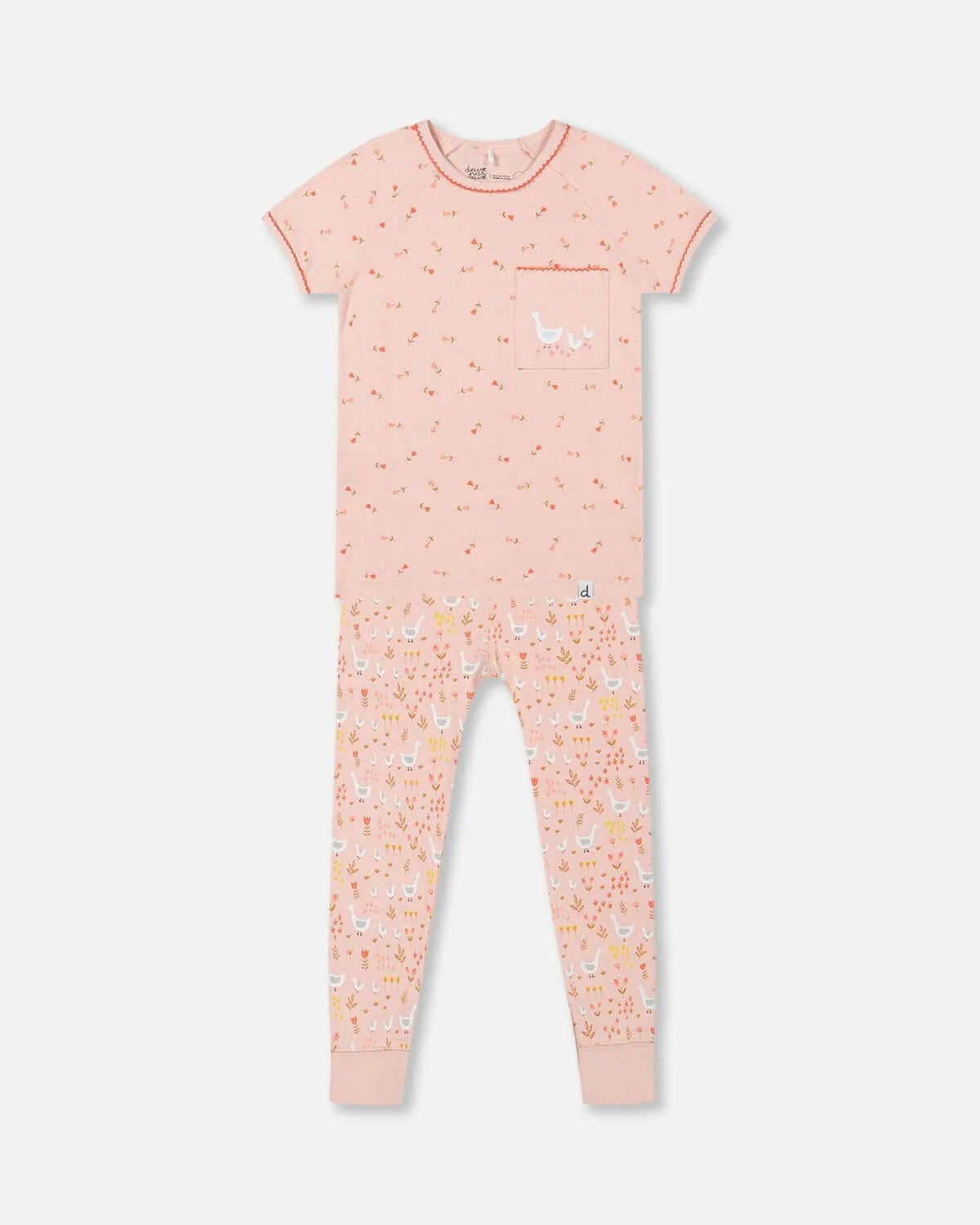 Deux Par Deux | Organic Cotton Two Piece Pajama Set Pink Printed Goose