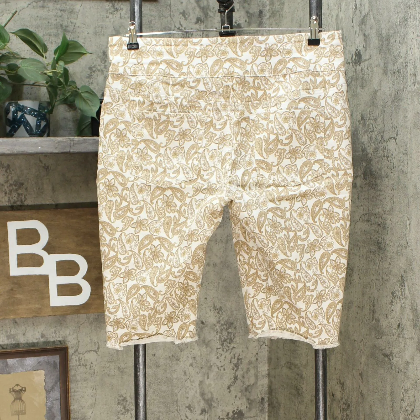 DG2 by Diane Gilman Classic Stretch Pull On Bermuda Shorts Khaki Paisley Large