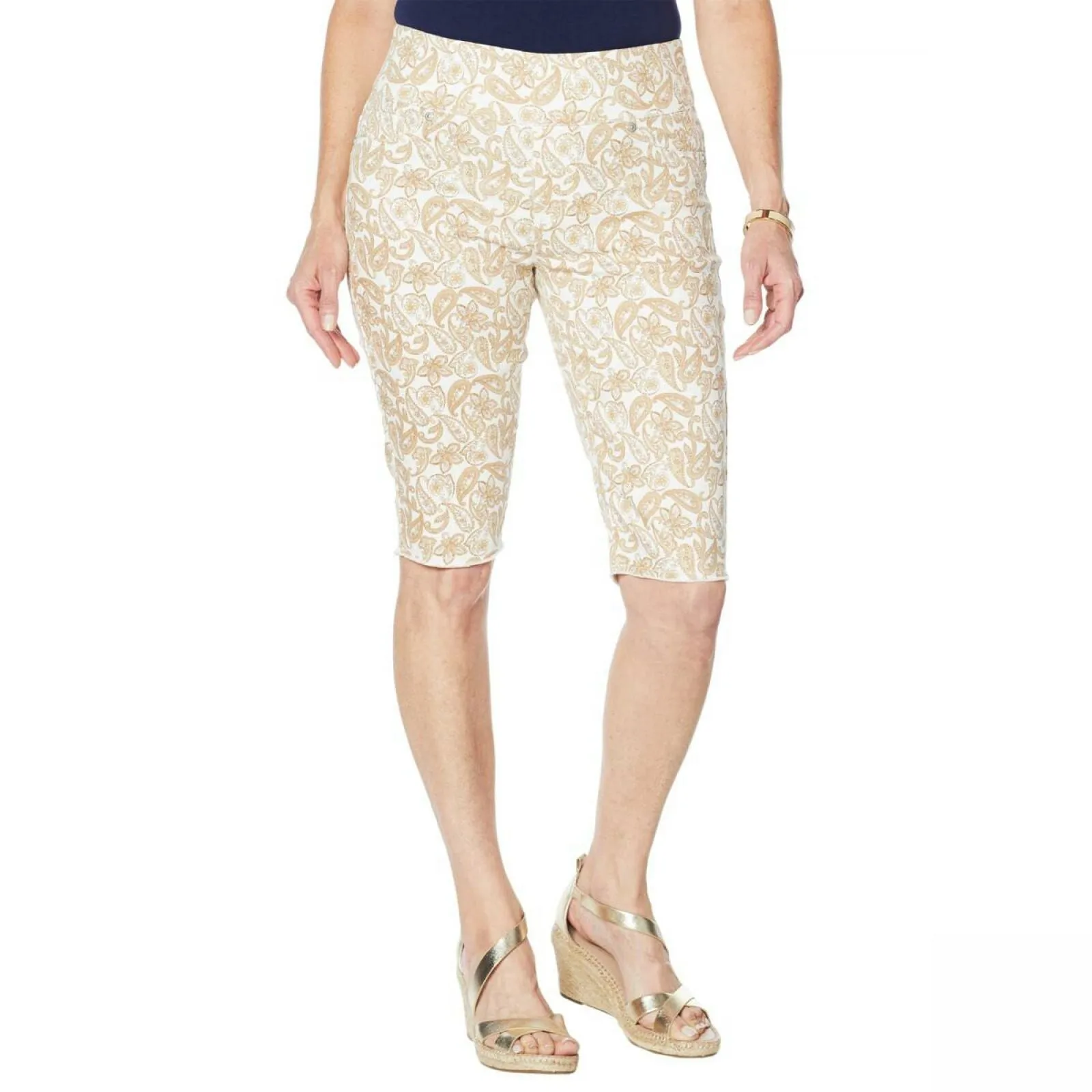 DG2 by Diane Gilman Classic Stretch Pull On Bermuda Shorts Khaki Paisley Large