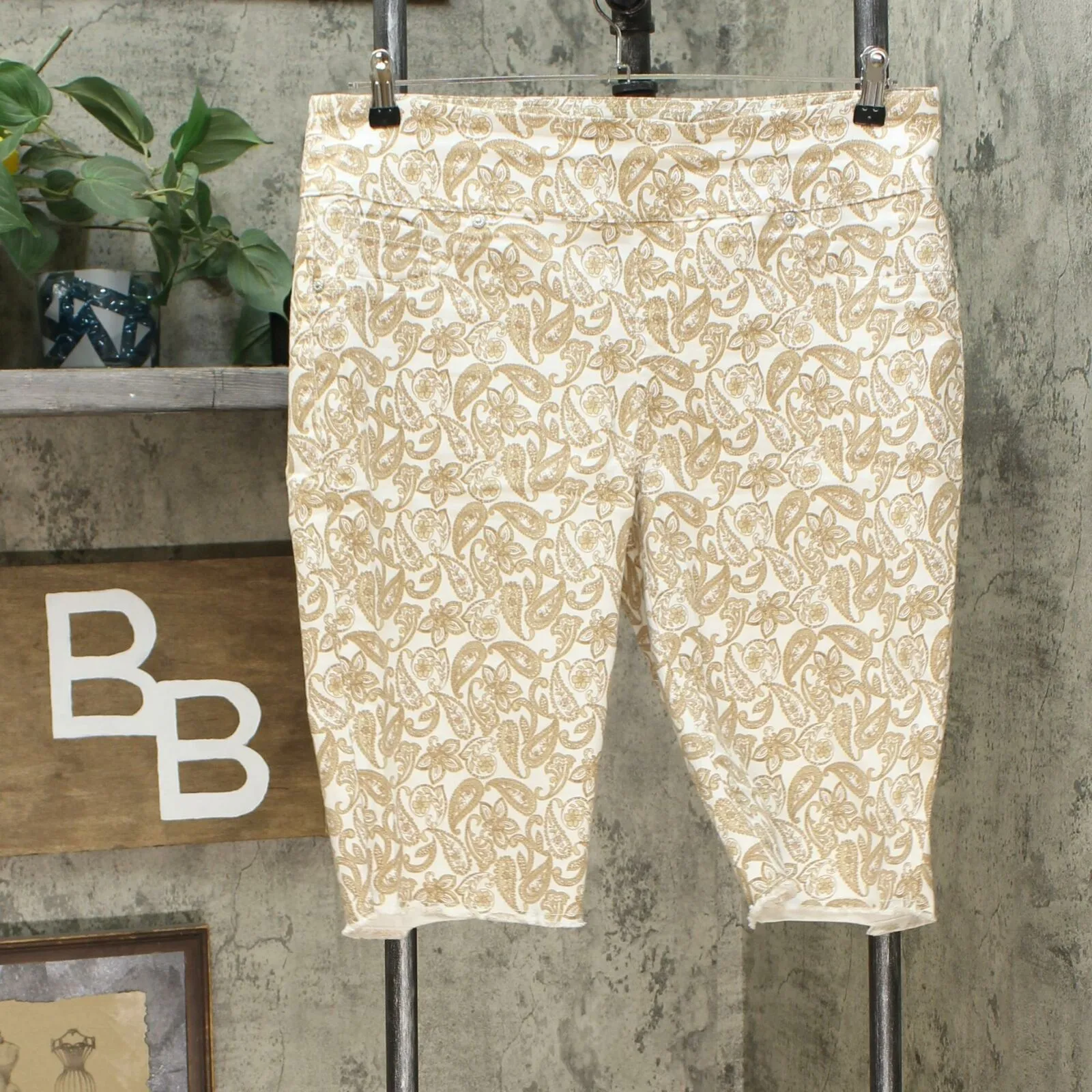 DG2 by Diane Gilman Classic Stretch Pull On Bermuda Shorts Khaki Paisley Large