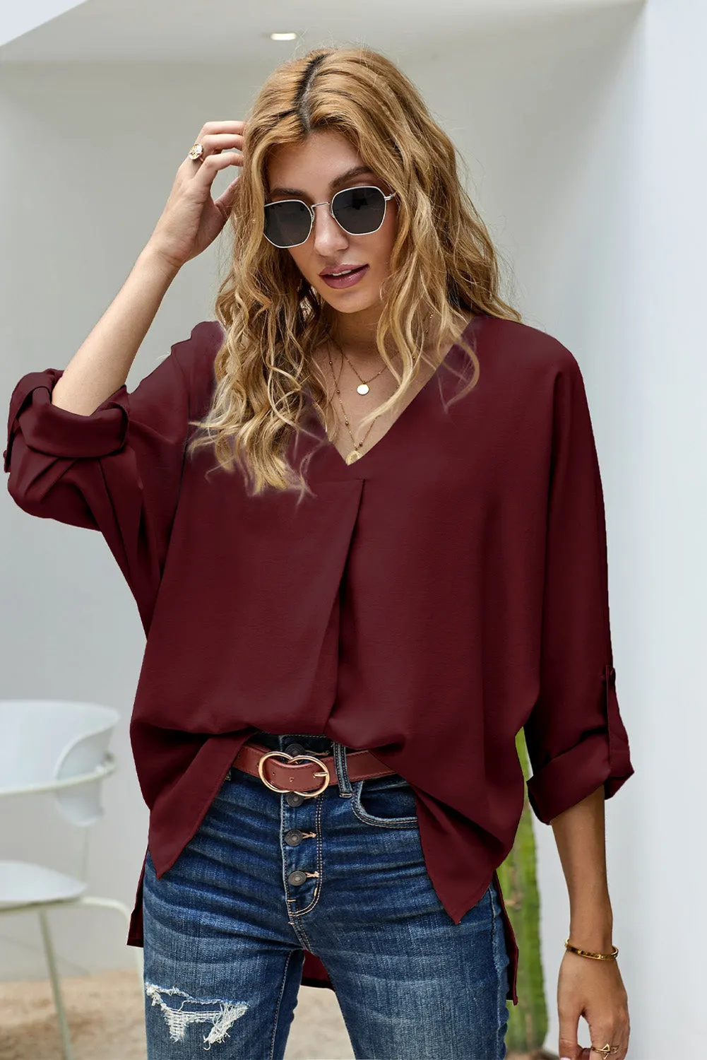 Elegant Wine V Neck 3/4 Sleeve High Low Hem Blouse
