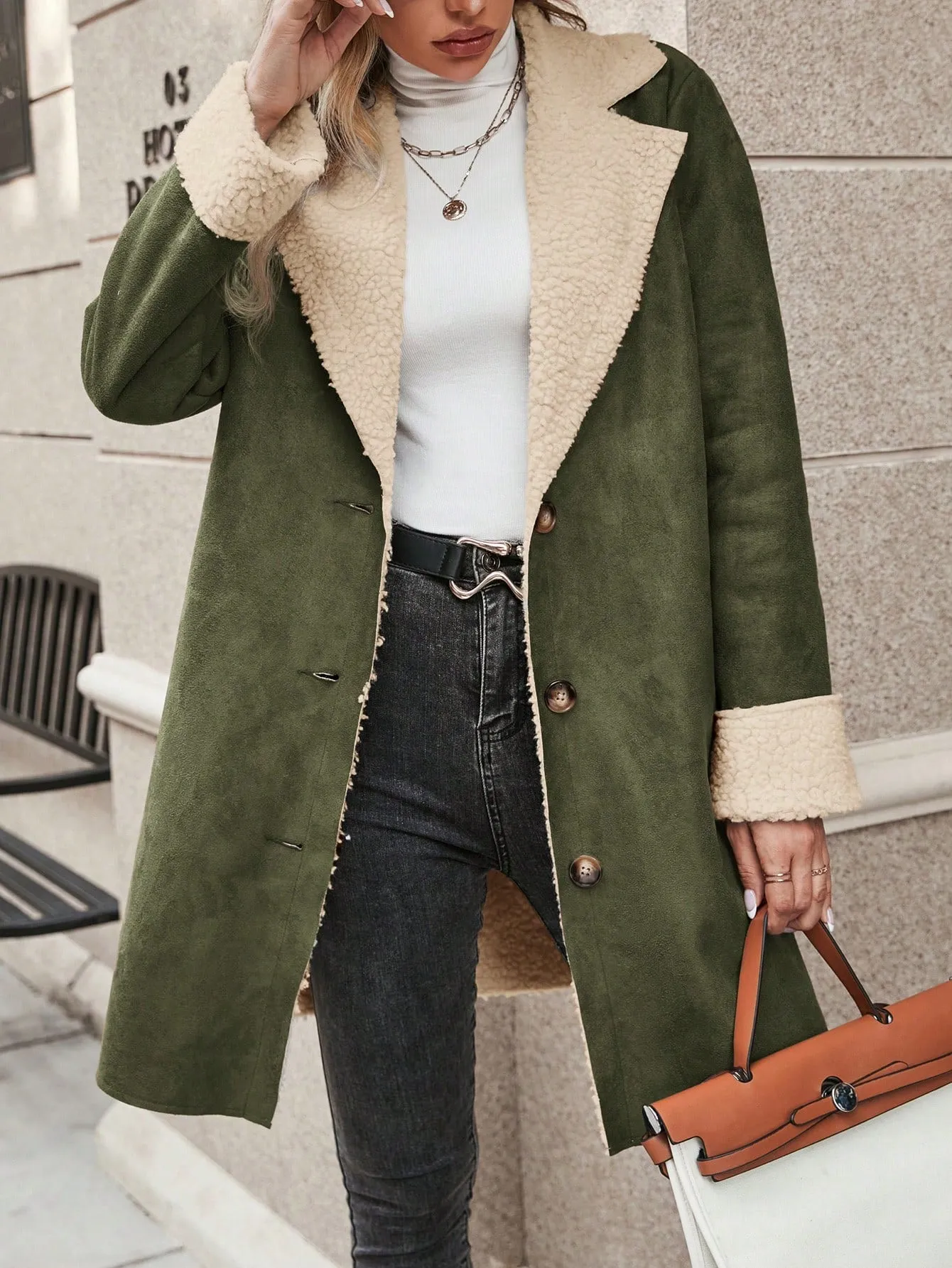 Essnce Lapel Neck Teddy Lined Button Front Coat