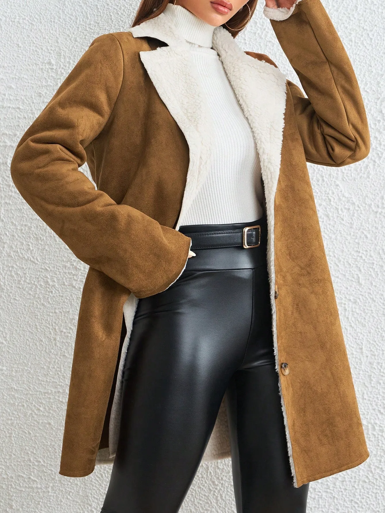 Essnce Lapel Neck Teddy Lined Button Front Coat