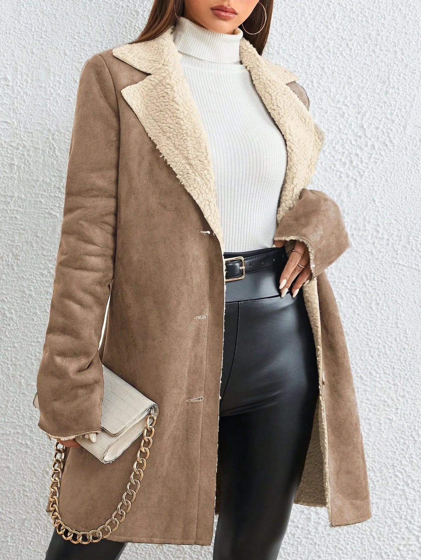 Essnce Lapel Neck Teddy Lined Button Front Coat