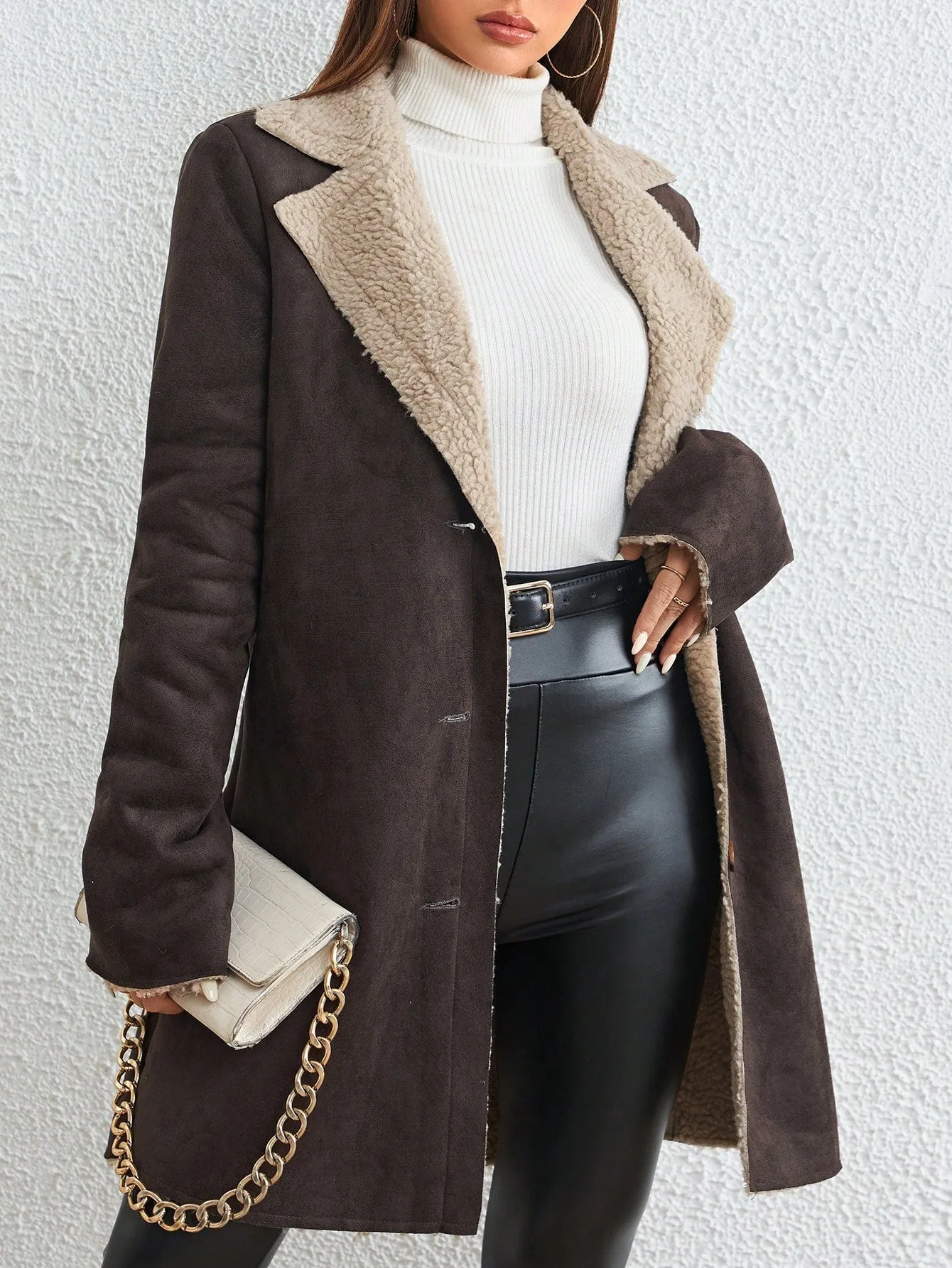 Essnce Lapel Neck Teddy Lined Button Front Coat