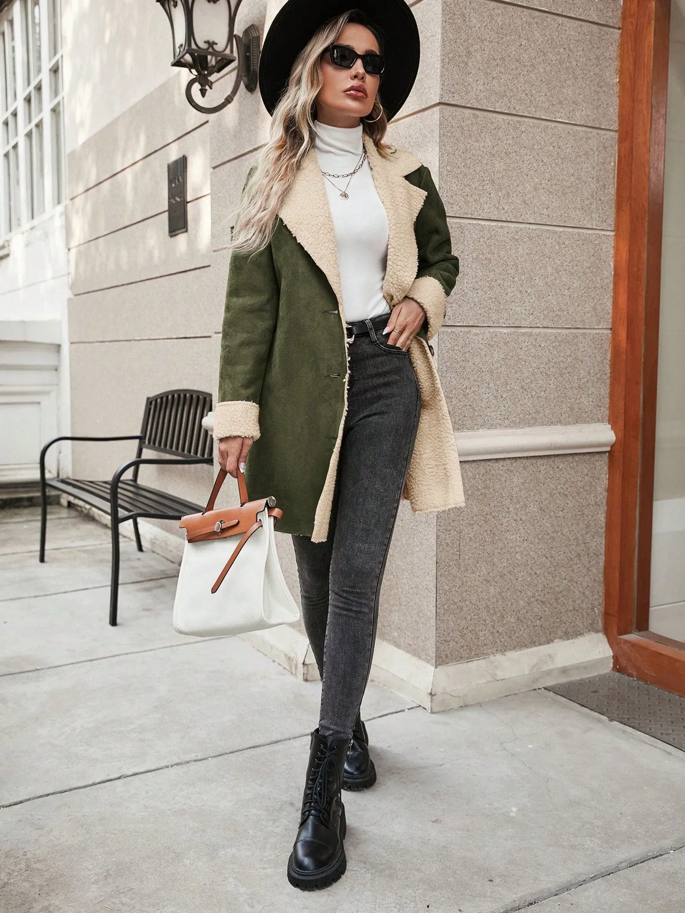 Essnce Lapel Neck Teddy Lined Button Front Coat