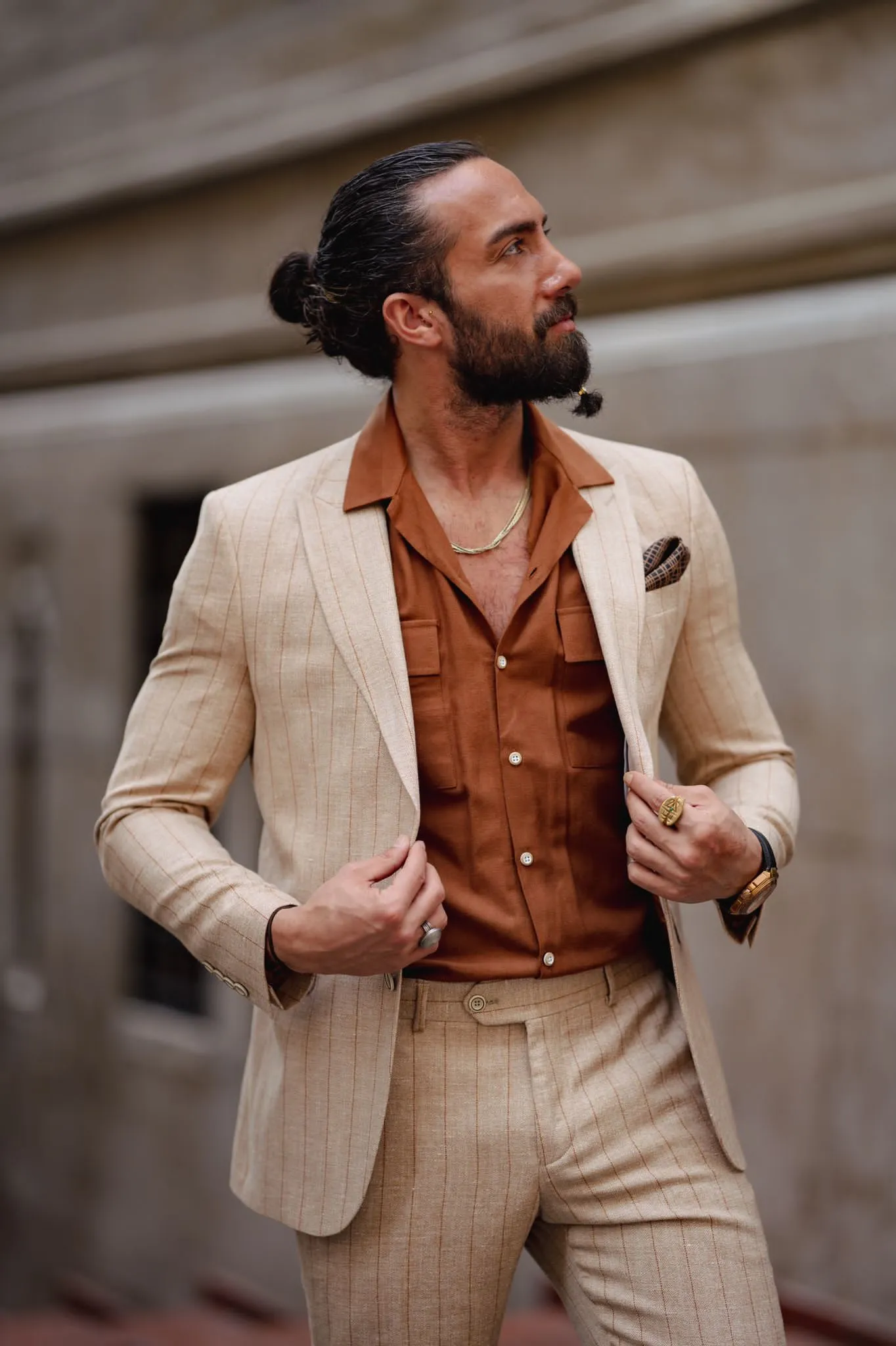 Evo Beige Slim Fit Pinstripe Suit