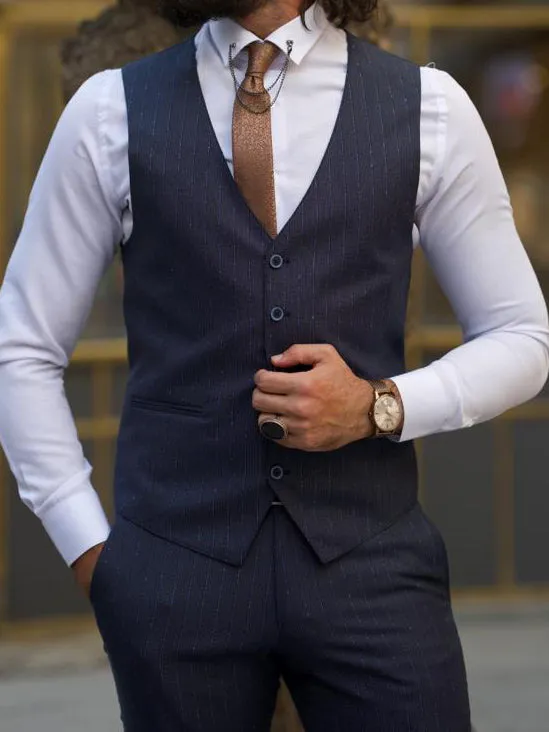 Evo Dark Blue Slim Fit Peak Lapel Pinstripe Suit